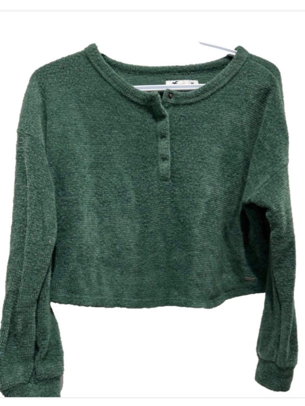 Hollister Green Cropped Henley SZ M Sweater Features Waffle Knit